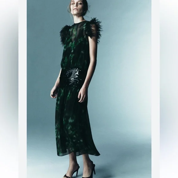 Zara Limited Combination Printed Maxi Dress Green Feather Sequin Evening Med NWT Zara Limited Combination Printed Maxi Dress Green Feather Sequin Evening Med NWT